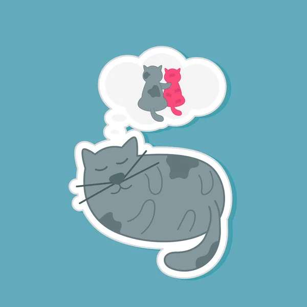 Niedliche Katze Träumt Von Partner Vor Blauem Hintergrund Sticker Stil — Stockvektor
