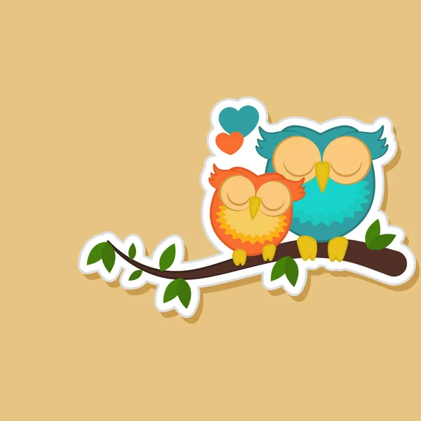 Lovely Couple Bird Sitting Branch Yellow Background Sticker Style — Stock Vector