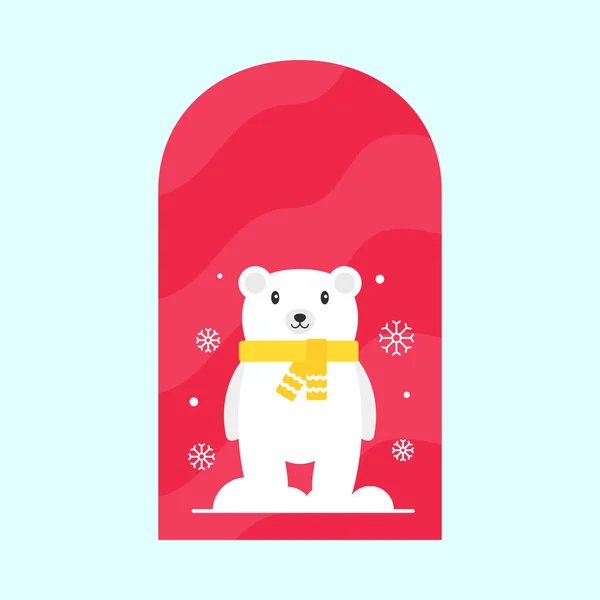 Ilustração Cachecol Vestindo Urso Polar Com Neve Janela Fundo Vermelho — Vetor de Stock