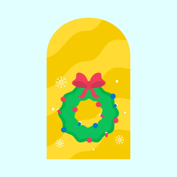 Рождественский Венок Снежном Окне Желто Голубом Фоне — стоковый вектор