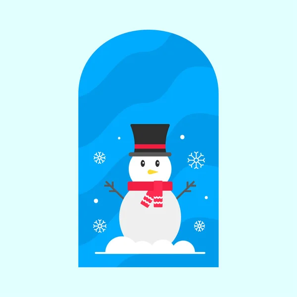 窓と雪の青の背景でスカーフでトップハットを身に着けている孤立したかわいい雪だるま — ストックベクタ