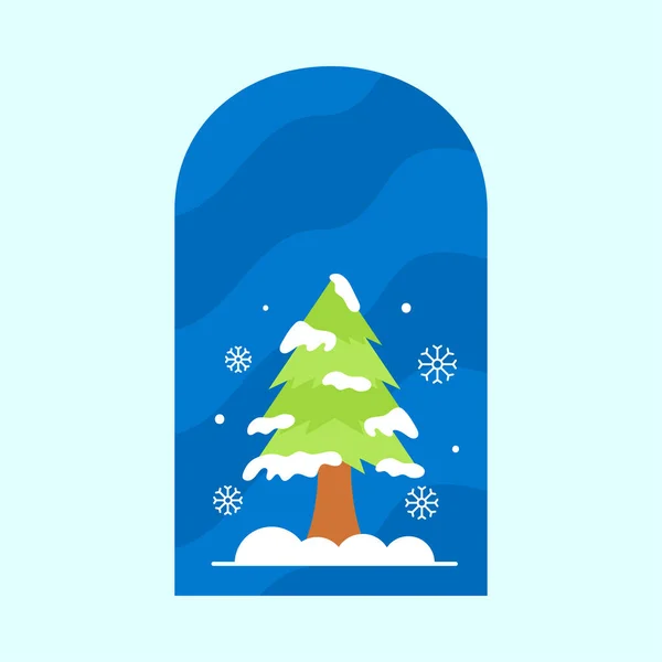 Διάνυσμα Της Χιονοπτώσεις Χριστουγεννιάτικο Δέντρο Στο Παράθυρο Μπλε Φόντο — Διανυσματικό Αρχείο