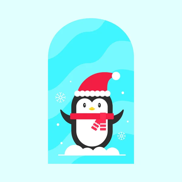 Cute Penguin Wearing Santa Hat Scarf Window Snowfall Blue Background — Stock Vector