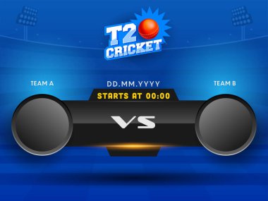 Kırmızı Toplu Sticker Style T20 Kriket Metni, Mavi Stadyum Arkaplanındaki A ve B takımlarının boş yuvarlak rozeti.