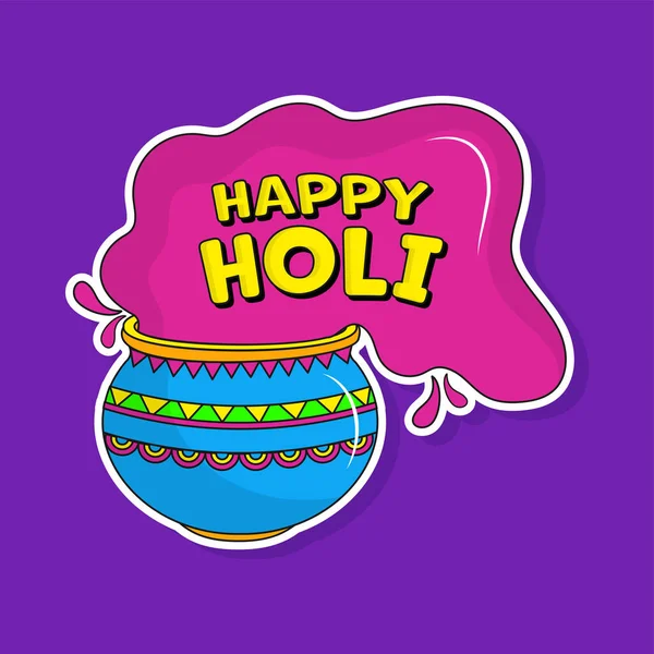 Happy Holi Lettertype Met Klei Pot Vol Kleur Sticker Stijl — Stockvector