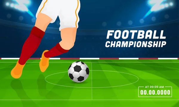 Football Championship Banner Design Close Footballer Kicking Ball Blue Green — Stock Vector