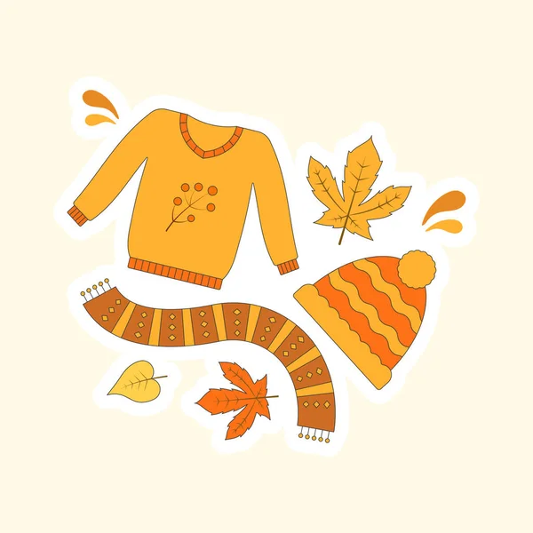 感恩节的各种元素 如毛衣 帽子和秋叶 标签或标签设计 — 图库矢量图片