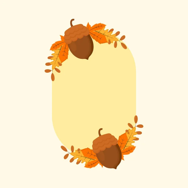 秋の葉の装飾的な楕円形の黄色のフレームとコピースペースのエイコーンのフラットイラスト — ストックベクタ