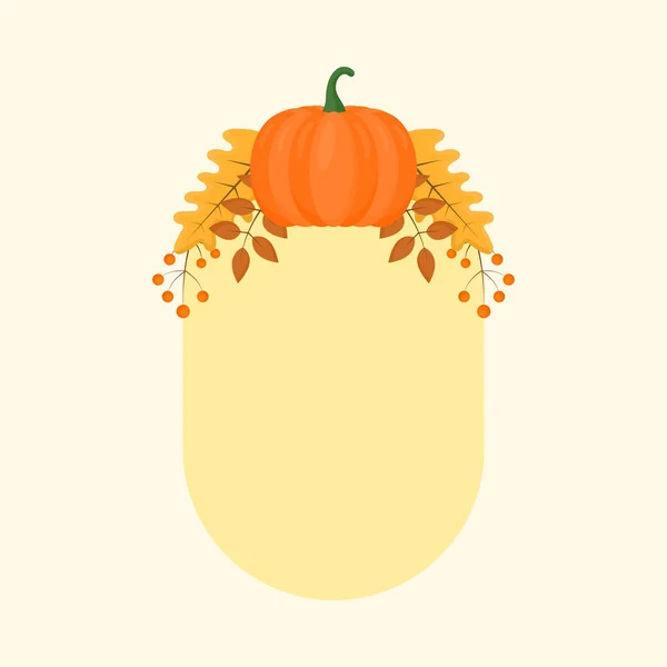 ベリーと秋の葉の装飾的な黄色の楕円形のフレームとフラットスタイルのカボチャ — ストックベクタ
