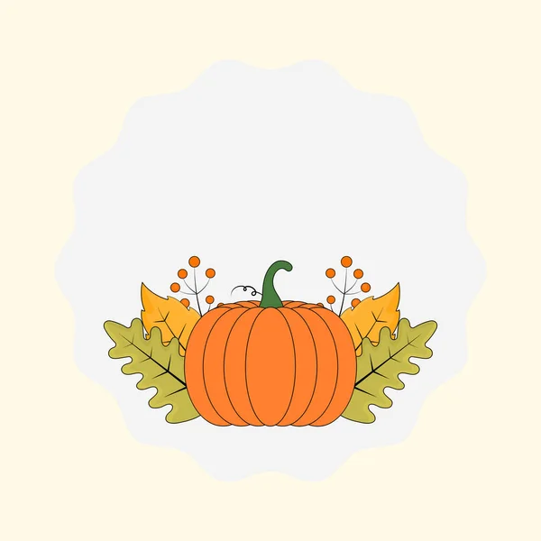 Flacher Stil Kürbis Mit Beeren Und Herbstblättern Dekorativer Weißer Kreis — Stockvektor