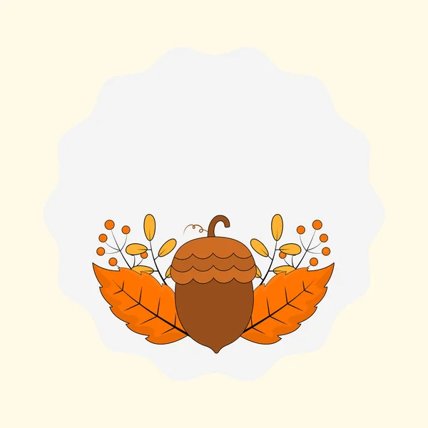 用浆果装饰的扁平橡子 秋天叶子装饰的白色圆框在宇宙的拿铁背景 — 图库矢量图片