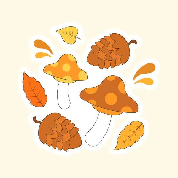 Flat Style Toadstool Hop Fruit Autumn Leaves Cosmic Latte — Stok Vektör