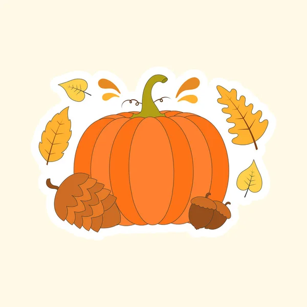 Illustration Pumpkin Hop Acorns Autumn Leaves Cosmic Latte Background — Stock Vector