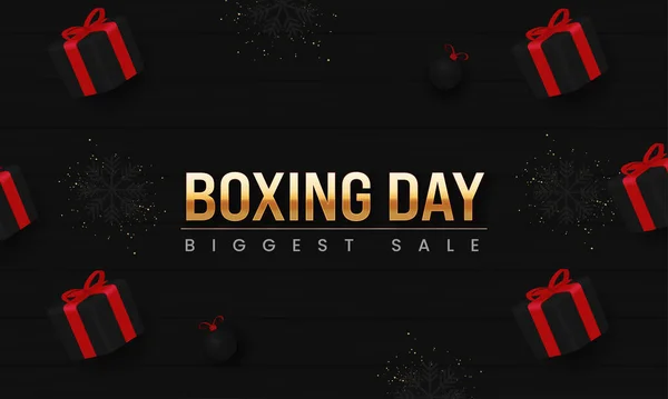 Μεγαλύτερο Boxing Day Sale Banner Σχεδιασμός Ρεαλιστικά Κουτιά Δώρων Νιφάδες — Διανυσματικό Αρχείο