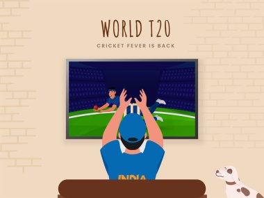 Hindistan 'ın Destekçisi, Bej Tuğla Duvarda LCD Ekranda Dünya T20 Kriket Maçı İzliyor.