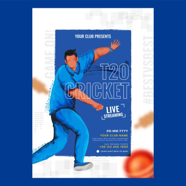 Mavi ve Beyaz Arkaplan Üzerine Yüzsüz Bowling Karakteriyle Canlı Yayın T20 Kriket Pilotu Tasarımı.