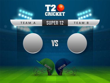 Süper 12 T20 Kriket Maçı A Takımı ve B takımı arasında Mavi ve Yeşil Glasmorfizm Stadyum Arkaplanındaki Gerçekçi Kıyafet Miğferleri.