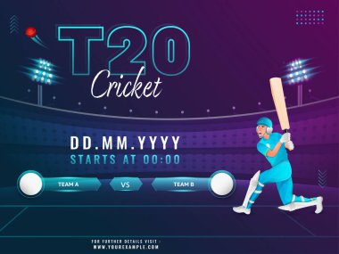 T20 Kriket Maçı Posteri Poz Verme, Katılımcı Takım A - B - Teal ve Mor Stadyum Arkaplanı.