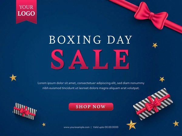 拳击日促销海报或带有现实礼品盒 金星和蓝背景红领巾头像的横幅设计 — 图库矢量图片