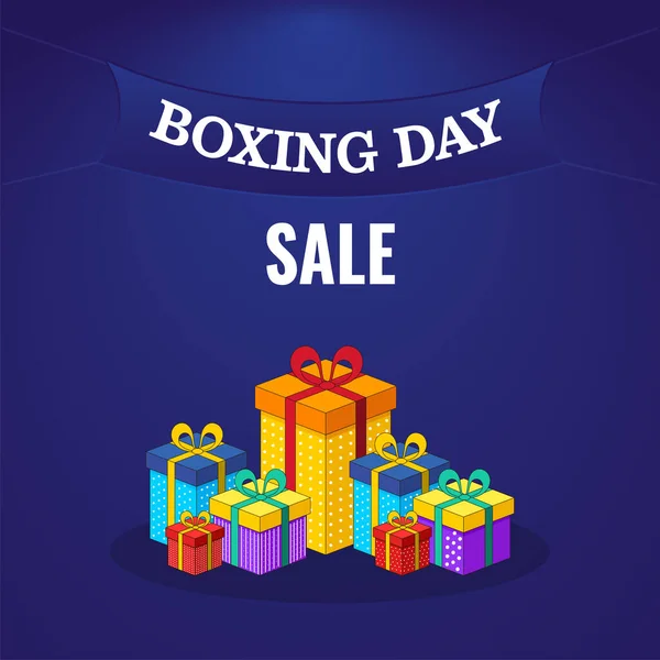 Boxing Day Sale Poster Design Colorful Realistic Gift Boxes Blue — Stock Vector