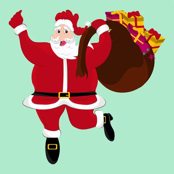 Szczęśliwy Santa Clause Torba Upominkami Walking Pose Pastelowym Zielonym Tle — Wektor stockowy