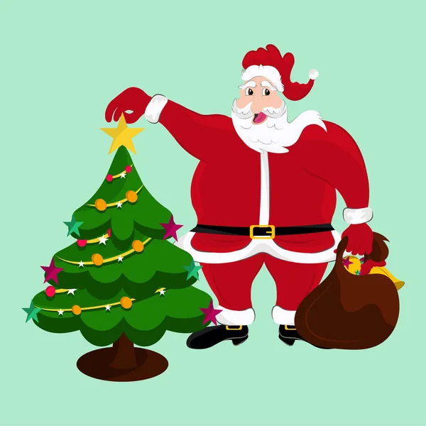 Happy Santa Claus Holding Christmas Tree Gift Bag Pastel Green — Stock Vector