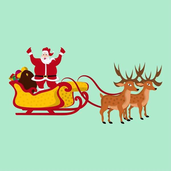 Jubelnder Weihnachtsmann Schlitten Und Geschenktüte Vor Pastellgrünem Hintergrund — Stockvektor