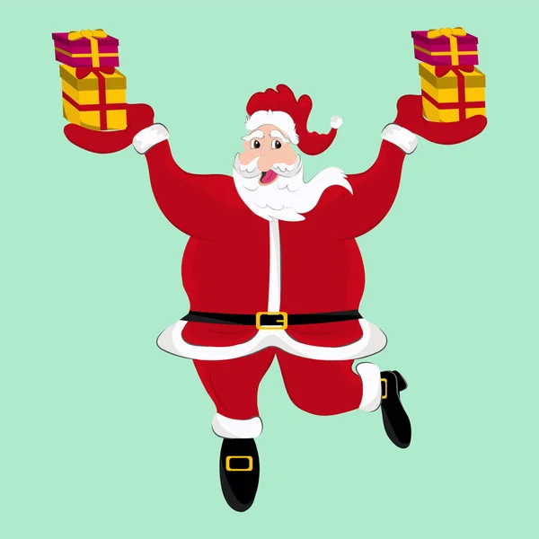 Emocionante Regalo Papá Noel Sosteniendo Bailar Pose Pastel Fondo Verde — Vector de stock
