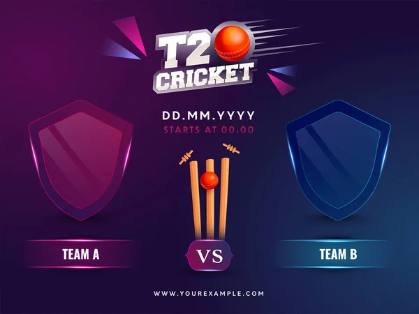 Partido Cricket T20 Entre Equipo Con Escudo Vacío Bola Roja — Vector de stock