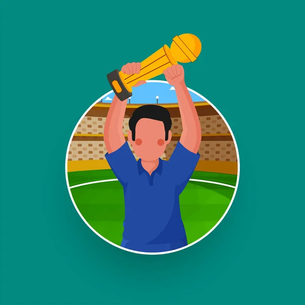 Vincitore Senza Volto Cricket Player Holding Trophy Cup Sfondo Verde — Vettoriale Stock