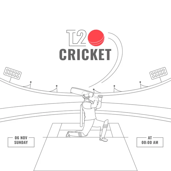T20 Cricket Match Concept Con Doodle Stile Batsman Colpire Palla — Vettoriale Stock