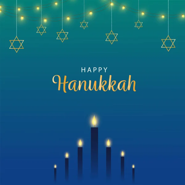 Happy Hanukkah Lettering Met Verlichte Kaarsen Ster Van David Hang — Stockvector