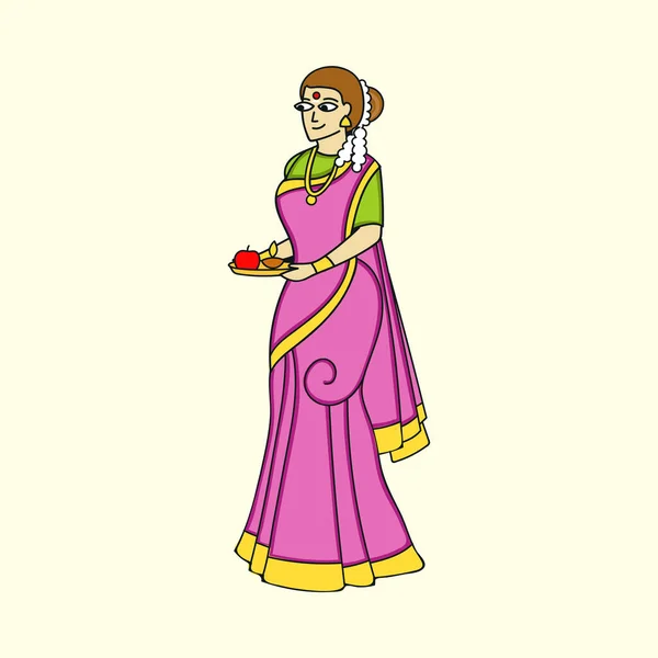 Hermosa Dama India Sosteniendo Placa Adoración Con Manzana Diya Lámpara — Vector de stock