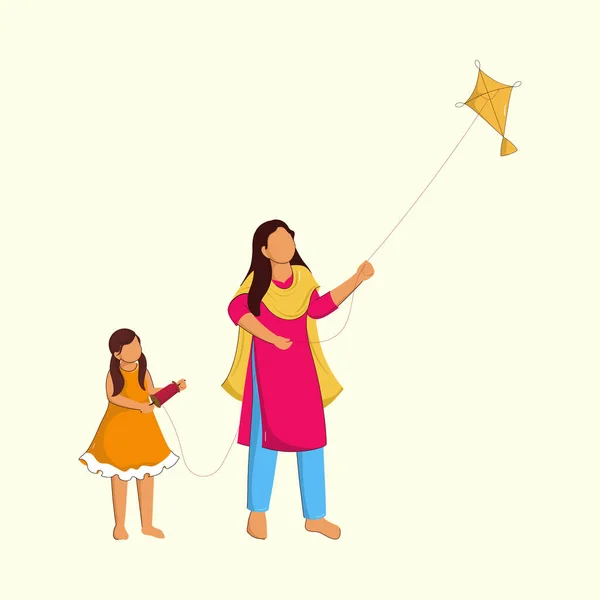 Ανέκφραστη Νεαρή Γυναίκα Που Φέρουν Kite Κίτρινο Φόντο Παστέλ — Διανυσματικό Αρχείο