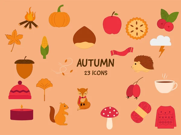 Set Van Autumn Icon Symbool Peach Achtergrond — Stockvector