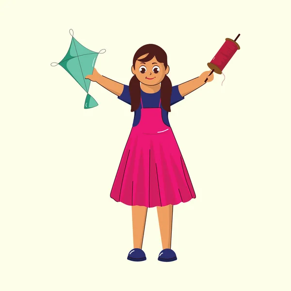 Χαριτωμένο Νεαρό Κορίτσι Που Κατέχουν Kite Και String Spool Παστέλ — Διανυσματικό Αρχείο