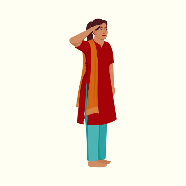 Portrait Indian Young Woman Saluting Standing Pose White Background — Stock Vector