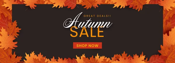 Autumn Sale Banner Header Design Maple Leaves Decorated Brown Background — Stock Vector