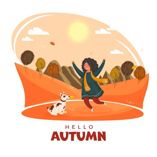 Fall Season Sunlight Background Cheerful Young Girl Dog Illustration Hello — Stock Vector