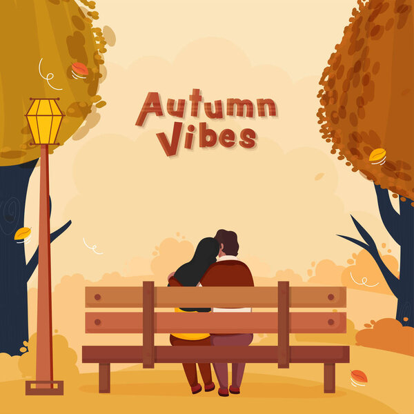 Rear View Of Young Couple Sitting Together On Bench Outdoor In Autumn Vibes.
