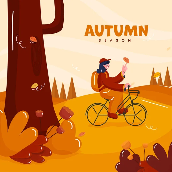 Фон Осеннего Сезона Молодой Девушкой Катающейся Велосипеде — стоковый вектор
