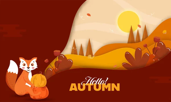 Papierschnitt Herbst Sonne Landschaft Hintergrund Mit Cartoon Fox Holding Pumpkins — Stockvektor