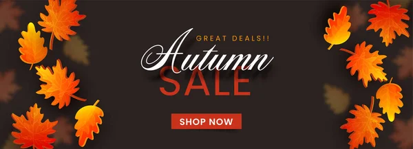 Autumn Sale Banner Header Design Autumnal Leaves Decorated Brown Background — Stock Vector
