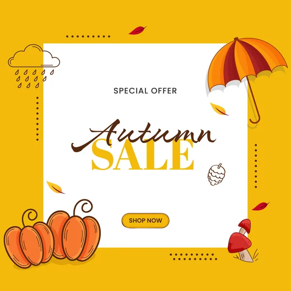 Autumn Sale Poster Design Flat Pumpkins Toadstool Umbrella White Yellow — Stock Vector
