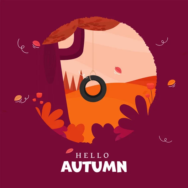Hello Autumn Font Con Neumáticos Colgando Rama Del Árbol Contra — Vector de stock