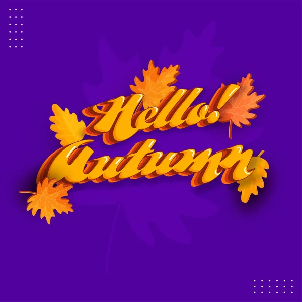 Orange Hello Autumn Font Autumnal Leaves Purple Background — Stock Vector