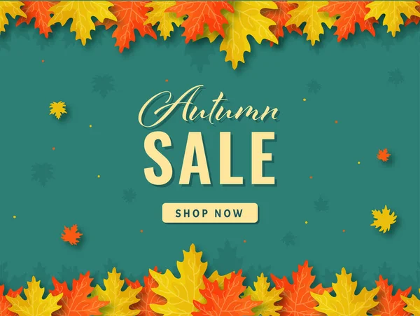 Autumn Sale Poster Banner Design Maple Leaves Decorated Teal Background — Stock Vector