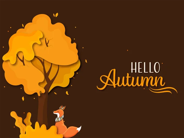 Hello Autumnフォント 漫画フォックスが紙の下に座っているカットツリーと秋の葉茶色の背景 — ストックベクタ