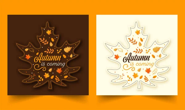 Autumn Coming Font Sticker Style Maple Leaf Background Brown White — Stock Vector