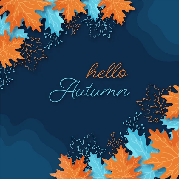 在蓝色背景上装饰枫叶和浆果茎顶视图的你好秋天字体 — 图库矢量图片